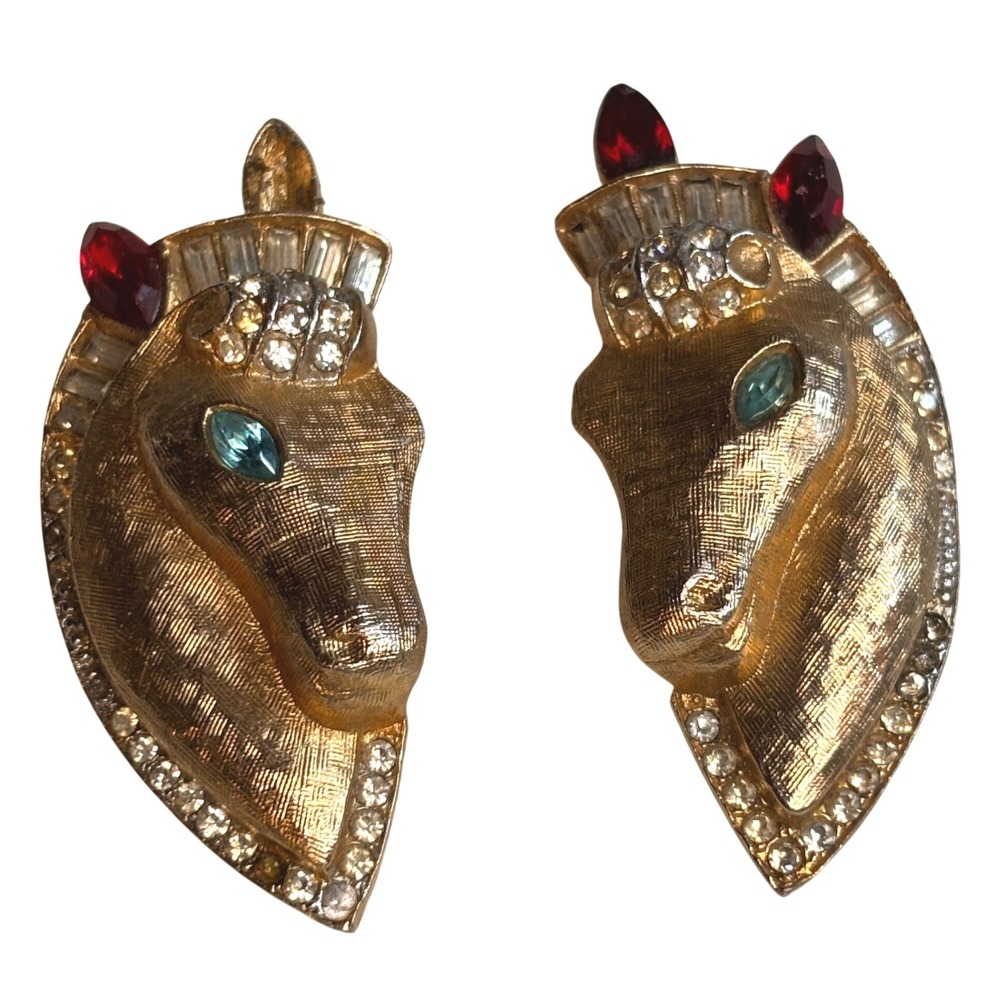 Francois CORO Vintage Horse Head Fur Clip Gold Tone Equestrian Pair 2 MISSING St